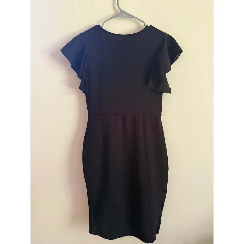 24seven Comfort Apparel Women's V-neck Ruffle Sleeve Knee Length Dress - Picture 7 of 8